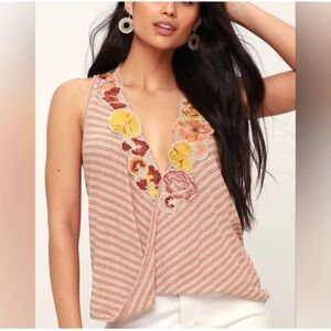 Free People Striped Frida Tank Top Floral Embroidered XS